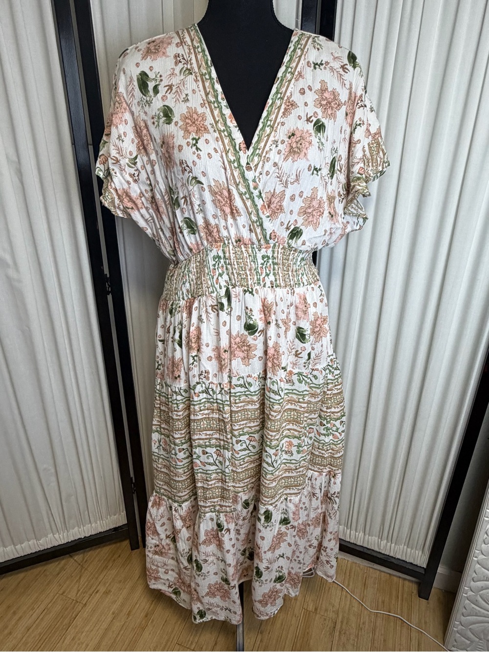 Floral V-Neck Smocked Waist Maxi Dress - Cream & Green - Picture 1 of 8